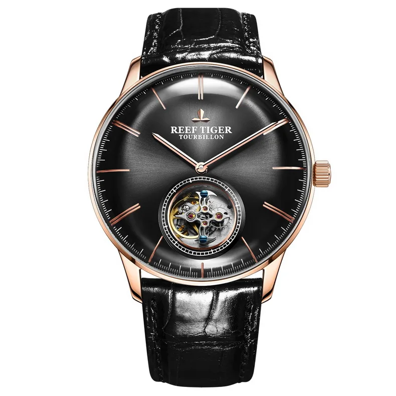 

Мужские автоматические механические наручные часы Reef Tiger RGA1930, часы с перфорацией и турбийоном, цвет розовое золото