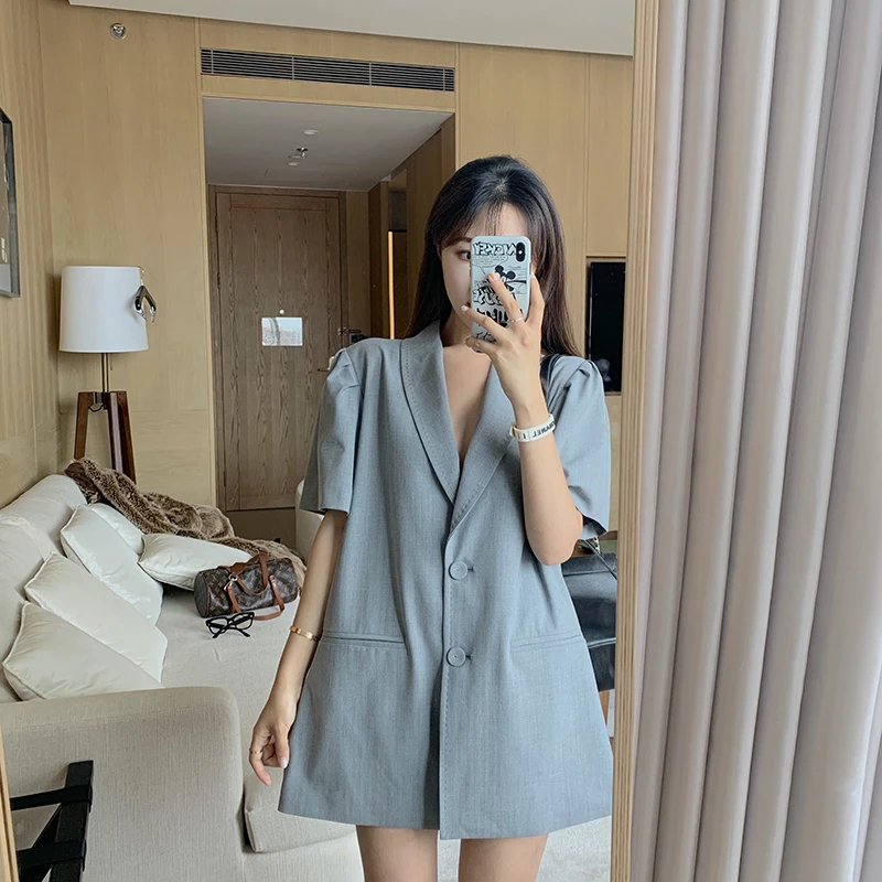 

2 colors summer dress 2019 korean blazer dress female loose solid color single breasted mini dress womens (R11033)