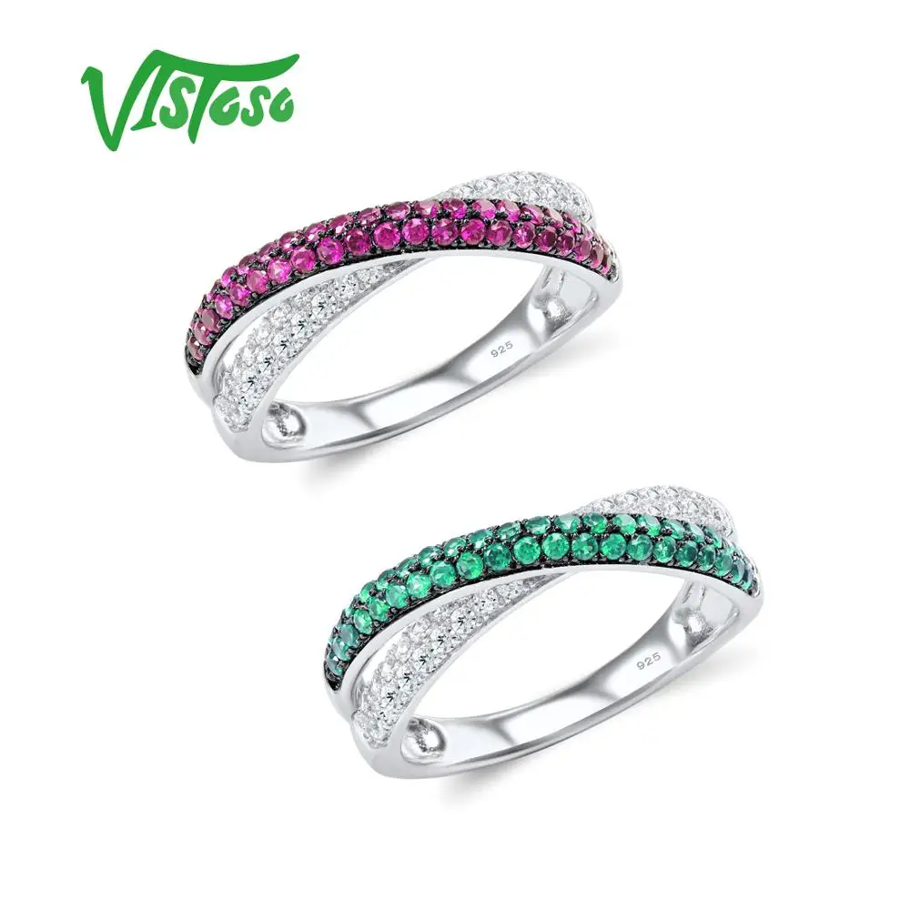 

VISTOSO Silver Rings For Women Natural Pink Green Stones White Cubic Zirconia 925 Sterling Silver Rings Party Fine Jewelry
