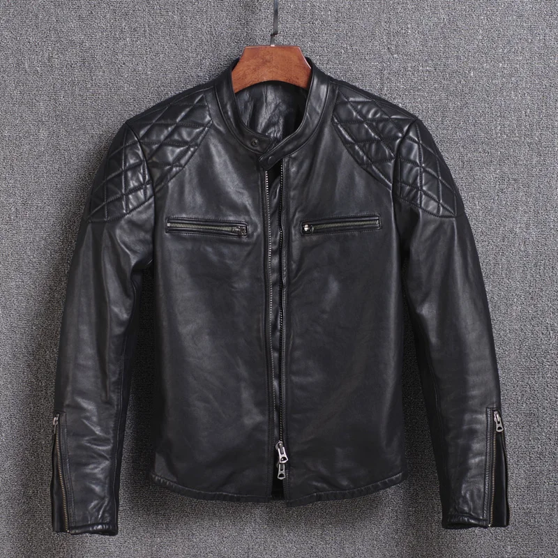 

2019 New Genuine Cow Jacket Leather Men Stand Collar Spring Autumn Coat Cowhide Motorcycle Leather Jackets Y18-19 KJ2313