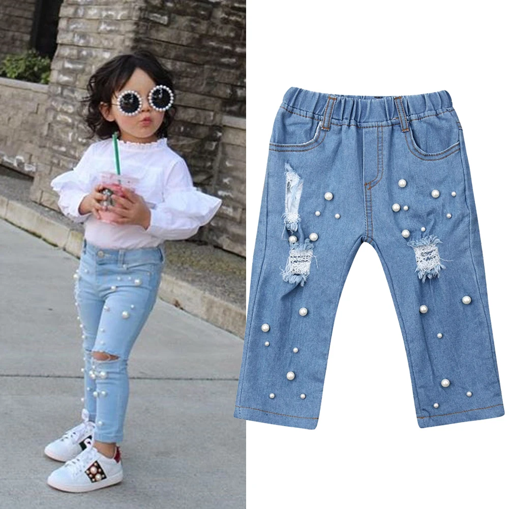 

2019 Newest Hot Outdoor Toddler Kids Baby Girl Summer Casual Shredded Hole Pearl Jeans Denim Pants Elastic Trousers