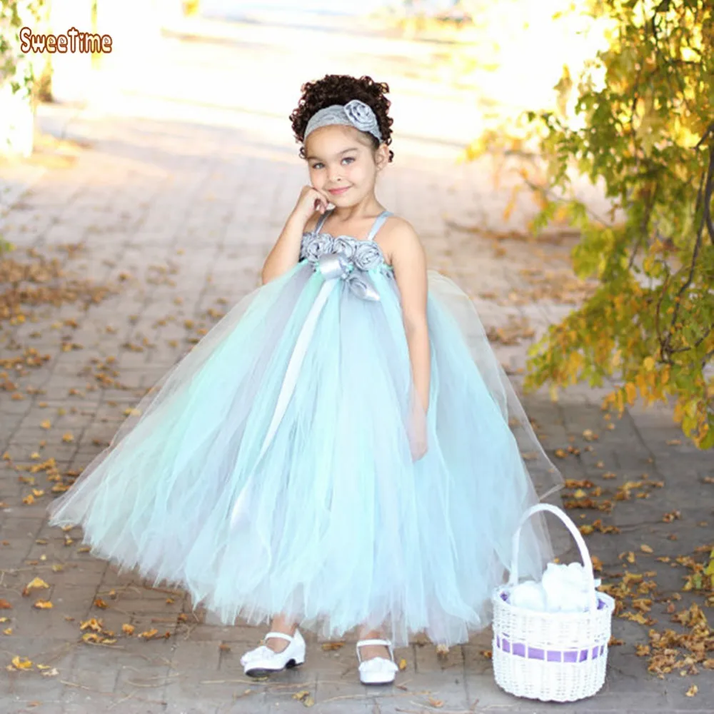 

2-14Y Gray Mint Green Flower Girls Dress With Lace Flower Headband Chiffon Tulle Girls Wedding Party Birthday Dress Photo Props