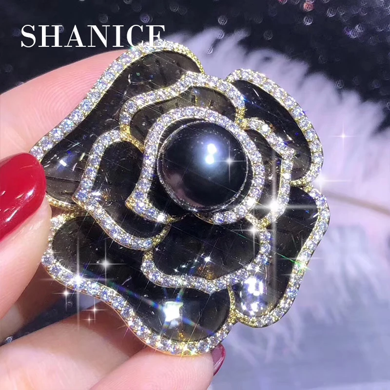 

SHANICE New Black Fabulous Flower Full Micro Pave CZ Brooch Tinny Round Stone Paved Antique Victorian Broaches for Women
