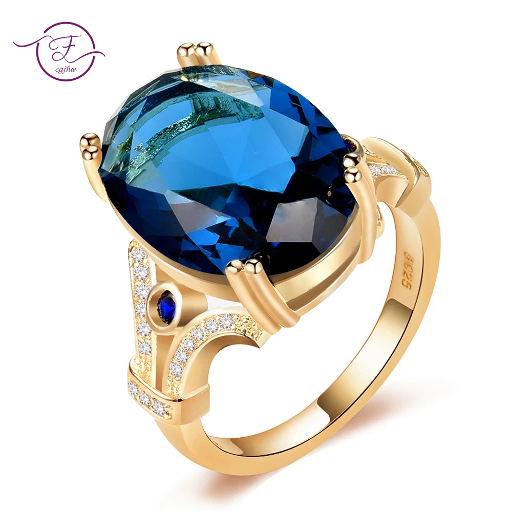 

Newest 13x18MM Big Stones Finger Rings For Women Luxury Aquamarine Gold Rings 925 Sterling Silver Jewelry Ring Gift Top Brand