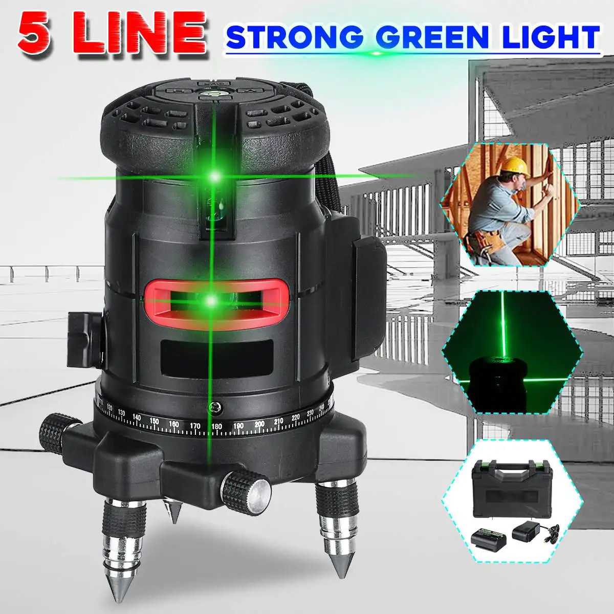 

Zeast Strong Green Light 5 Line Laser Level 360 Rotary Vertical and Horizontal Laser Line Self Leveling Working tools