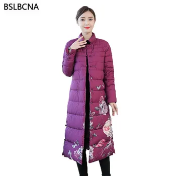 

Chinese National Style 2019 Plus Size Winter Coat Women Mid Long Jacket Print Stand Collar Slim Down Cotton Clothes Parka A528