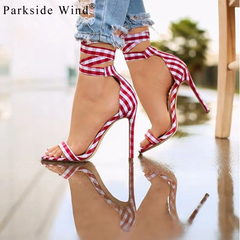 Parkside الرياح القماش القطني عالية الكعوب أزياء من الدانتل يصل عن تخصيص رقيقة كعب النساء الصنادل الصيف الكاحل حزام حزب أحذية نسائية XWC1880-5