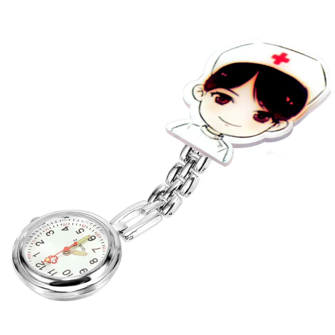 Shellhard 1pc Cute Cartoon Nurse Watch 6 Styles Beautiful Girl Pattern Luminous Pin Quartz Pocket Brooch Fob Nurse Watch