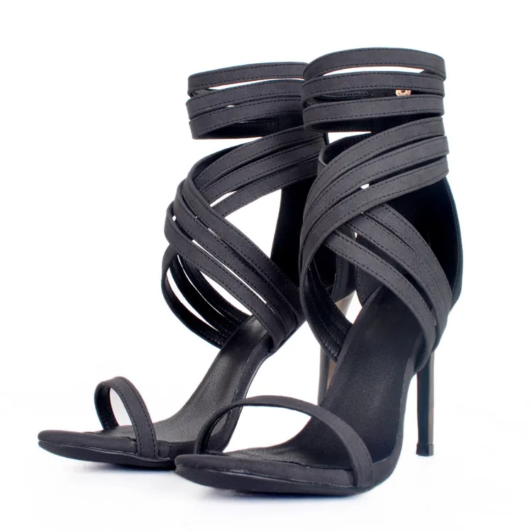 

Eunice Choo Black Ankle Strap Zipper Sandals Wood Grain High Heels Sexy Gladiator Shoes Plus Size Summer PU Leather Pumps