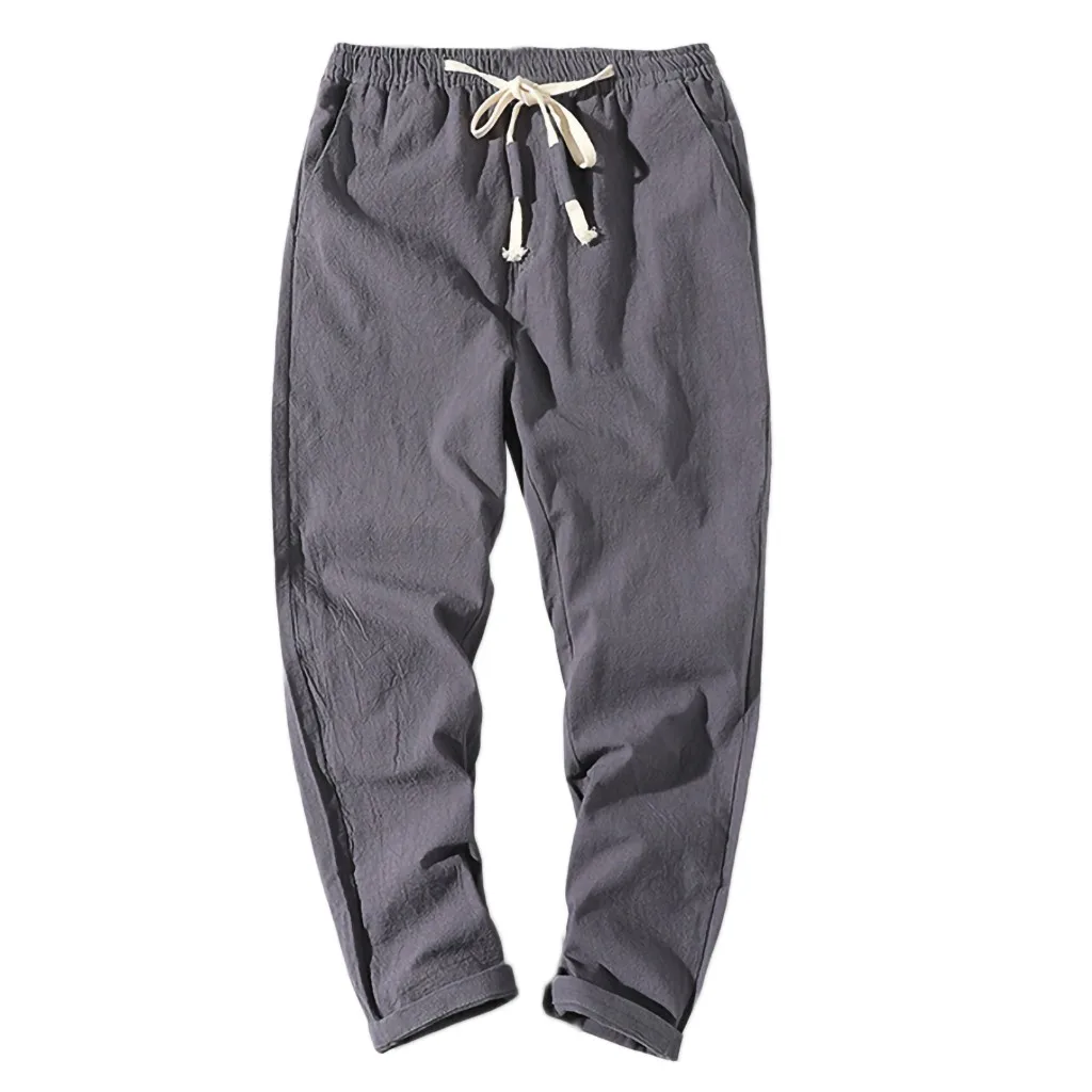 

Pants Men Pure Color Trousers Tethers Cotton Linen Ankle-Length Small Feet Casual Pant Summer Spring Fashion Men