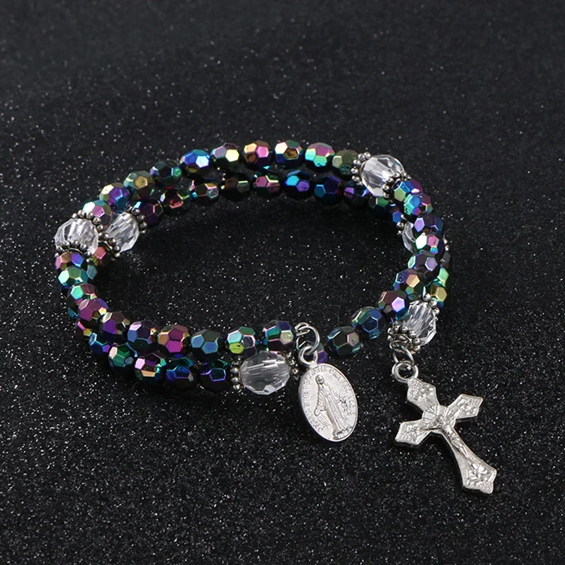 KOMi6mmAcrylicDoubleLayerColoredBeadsCrossPendantBracelet
