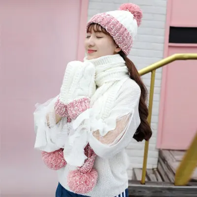 Женские зимние облегающие шапки бини теплые вязаные шапки шапка Снежинка перчатки и шарф Зимний комплект - Цвет: pink
