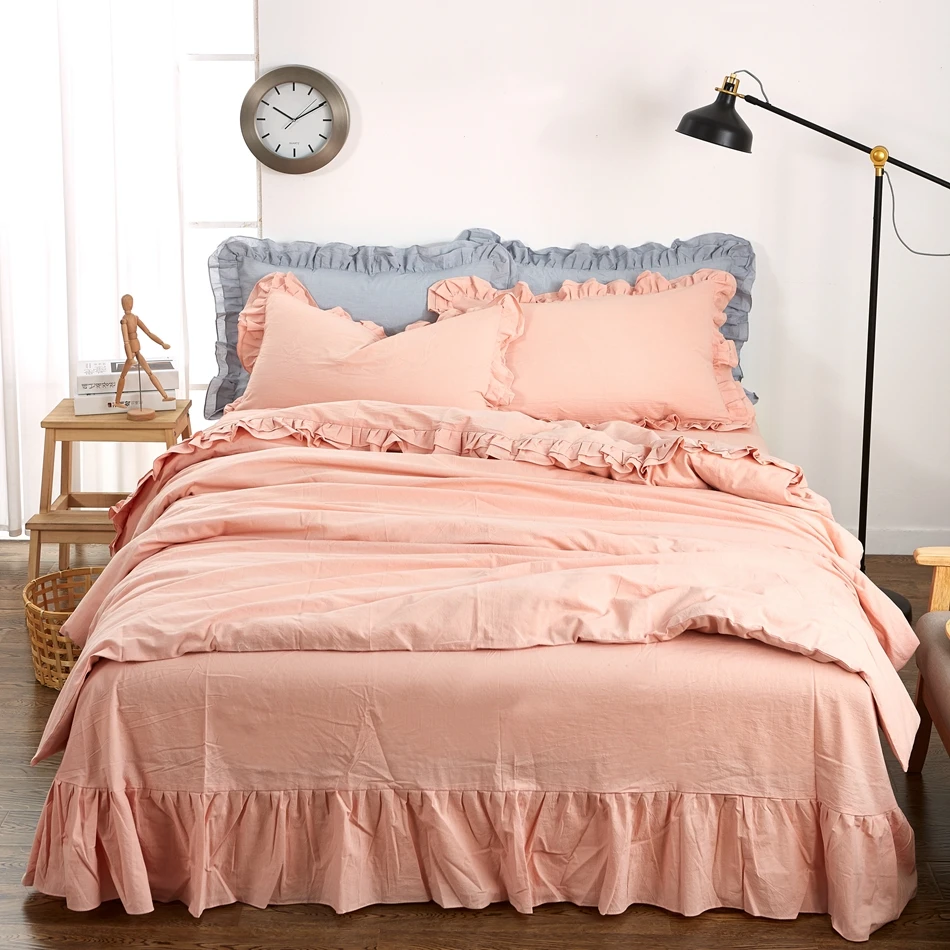 100 Washed Cotton Pink Duvet Cover Set Solid Color Quilt Cover