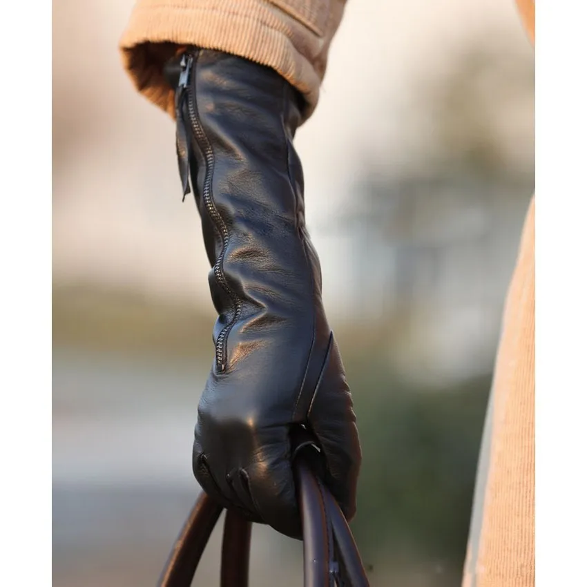 US $29.13 2021 Winter Solid Black Leather Women Gloves With Zipper Fashion Sheepskin Glove Warm Thermal Free Shipping L031nq