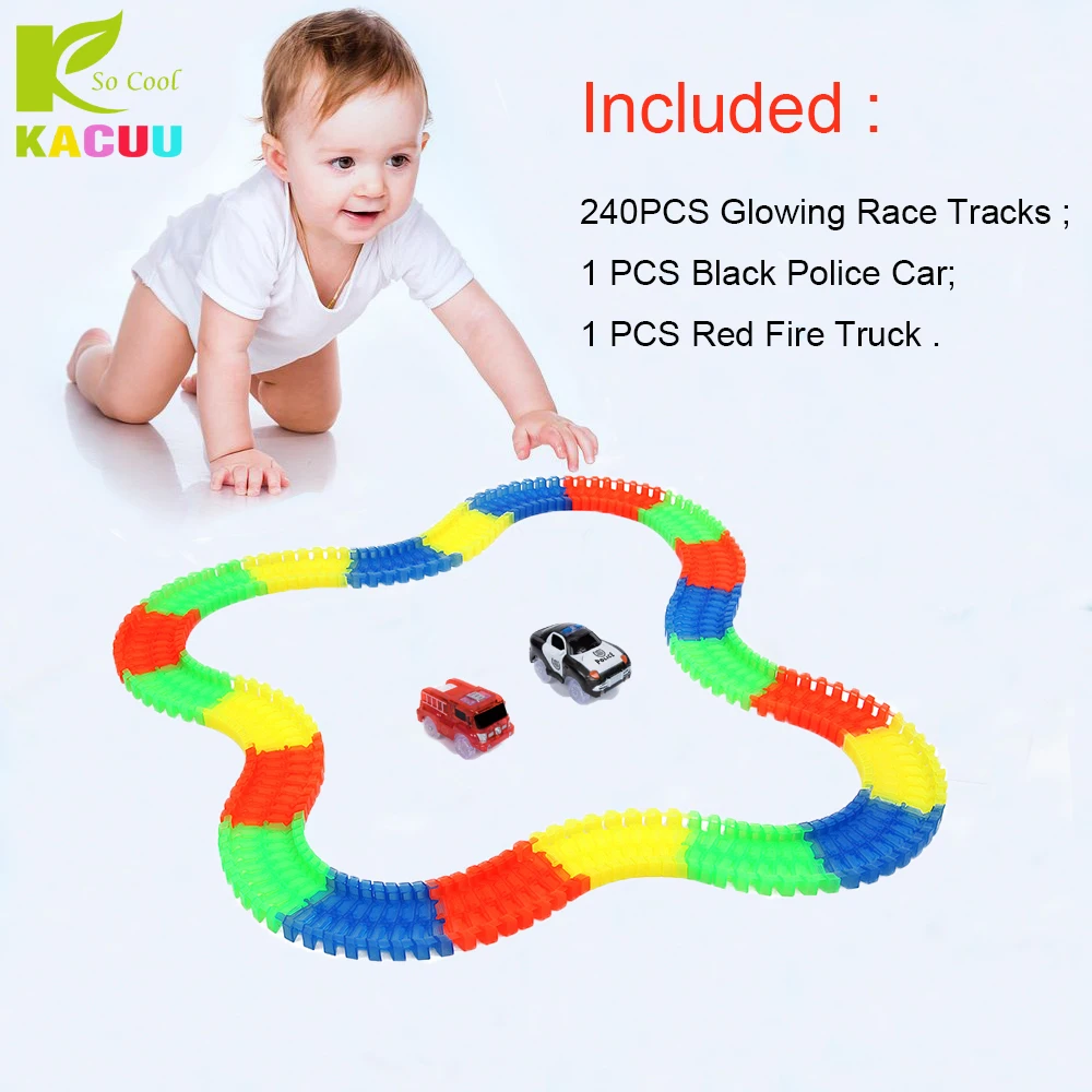 Magical 240pcs Tracks +2 Cars Glow in the dark Big Size 7.5CM Girls Boys Plastic Racing Track Toys For Children Kids Gifts