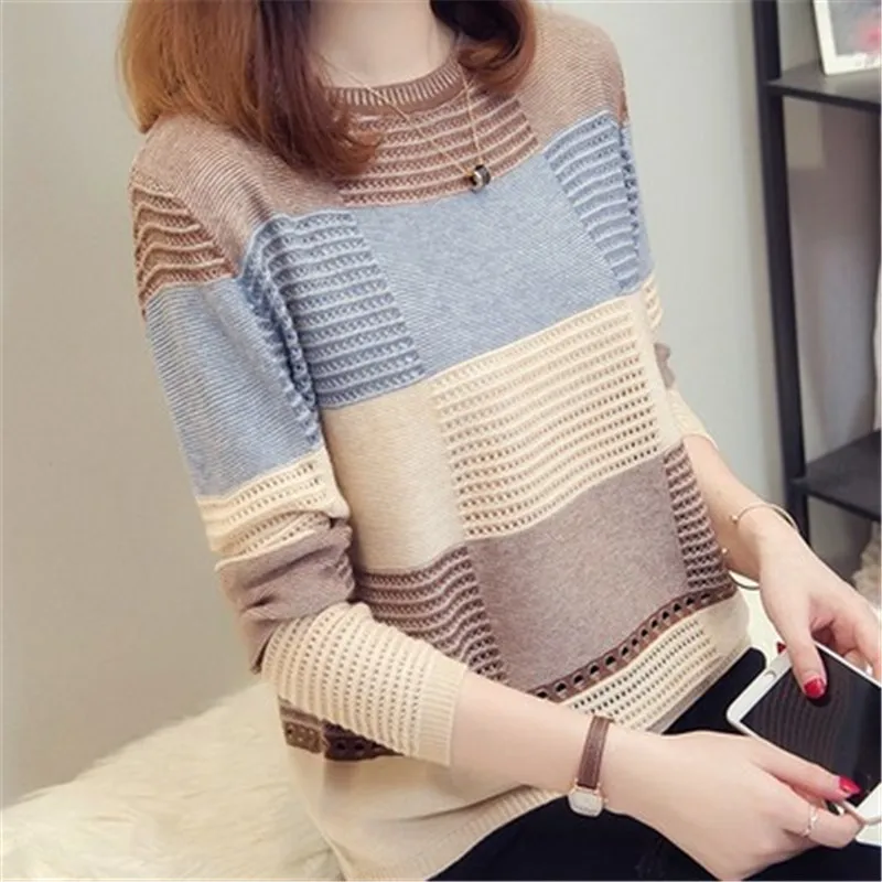 Весна-Осень, женский свитер, корейский цвет, Свободный Полосатый пуловер с длинными рукавами, вязаный осенний свитер AS1087 - Цвет: Brown