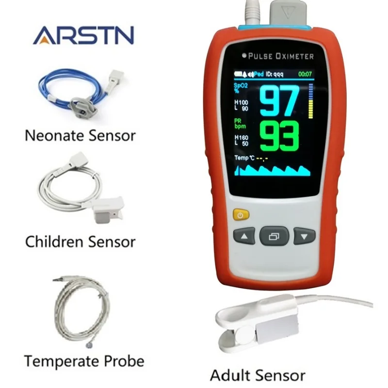 

2.8" TFT LCD 1 or 3 Sensors adult child infant neotate SPO2 PR Temp 3 parameters handheld pulse oximeter CE