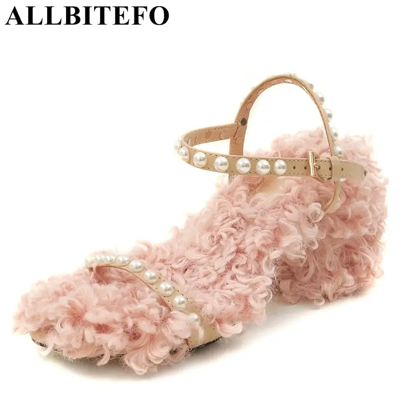 

ALLBITEFO fashion sweet genuine leather thick heel women sandals 2018 summer high heels girls shoes wedding women shoes