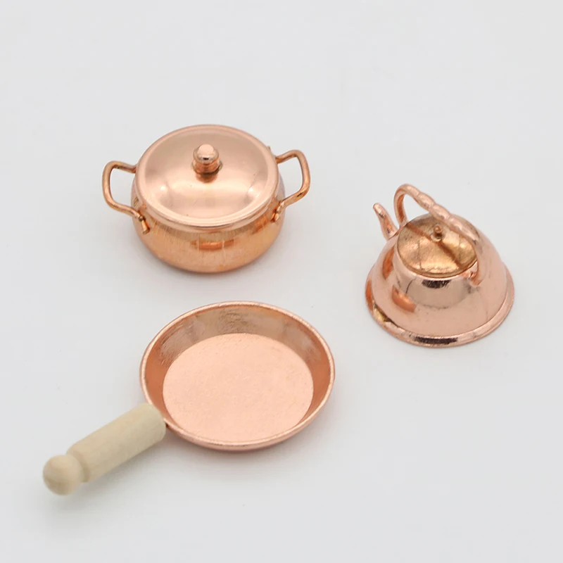 3pcs/Set Dollhouse Miniature Bronze Frying Pan Cooking Pot Kettle Cookware Kitchen Cooking Kit Dolls Accessories 1:12 Scale doll accessories,plush doll accessories