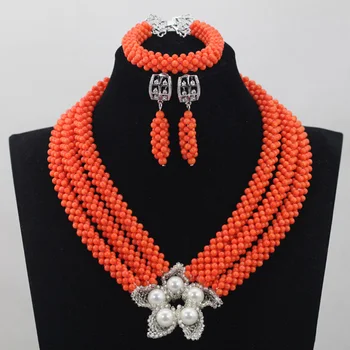 

3 Rows Flowers Design Luxurious Orange Coral Beads Jewelry Sets Nigerian Wedding African Bridal Jewelry Set Free ShippingABH039