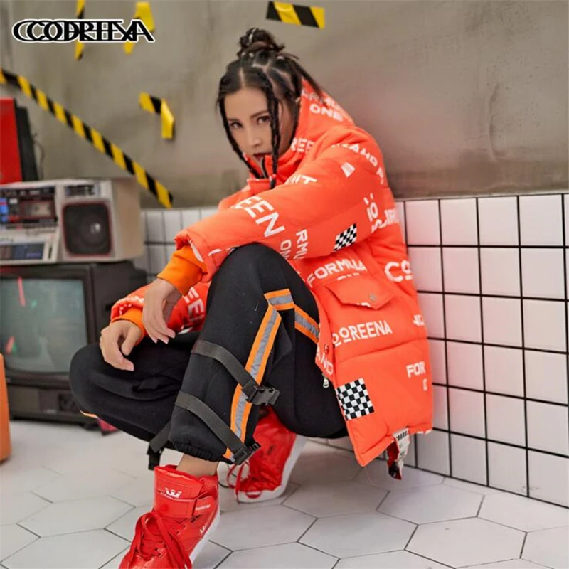 

New Ladies Winter Cotton-padded Outerwear Jacket Women Fashion Warm Parka Female letter print Coats Reflective Hooded Parkas