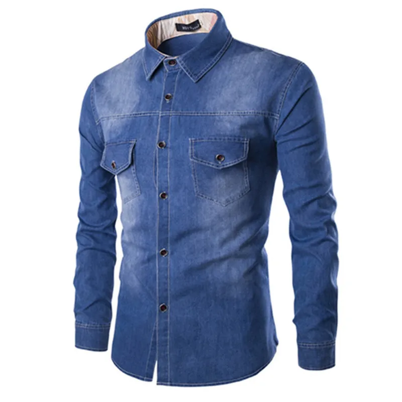 Spring 2019 Men's Snap-front Long Sleeve Casual Denim Shirts Soft 100% Cotton Two-Pockets Slim-fit Slight Elastic Jeans Shirt