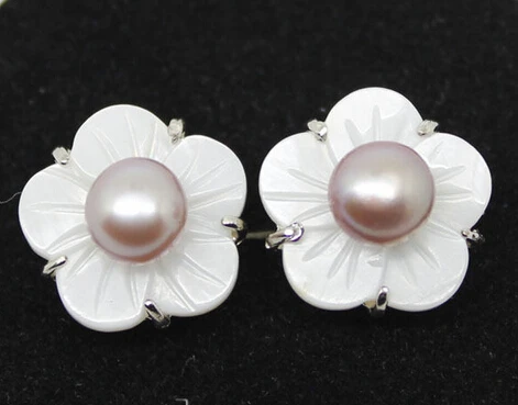 

Hot sale Free Shipping>>>>1 pair natural lavender freshwater pearl & mop shell flower earring studs