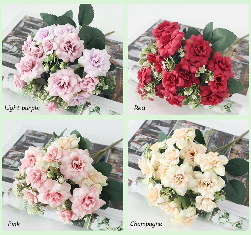 JAROWN Simulation Rose Flower Bouquet Artificial Silk Fake Flowers For Wedding Decorations Home Garden Decor Fleur (15)