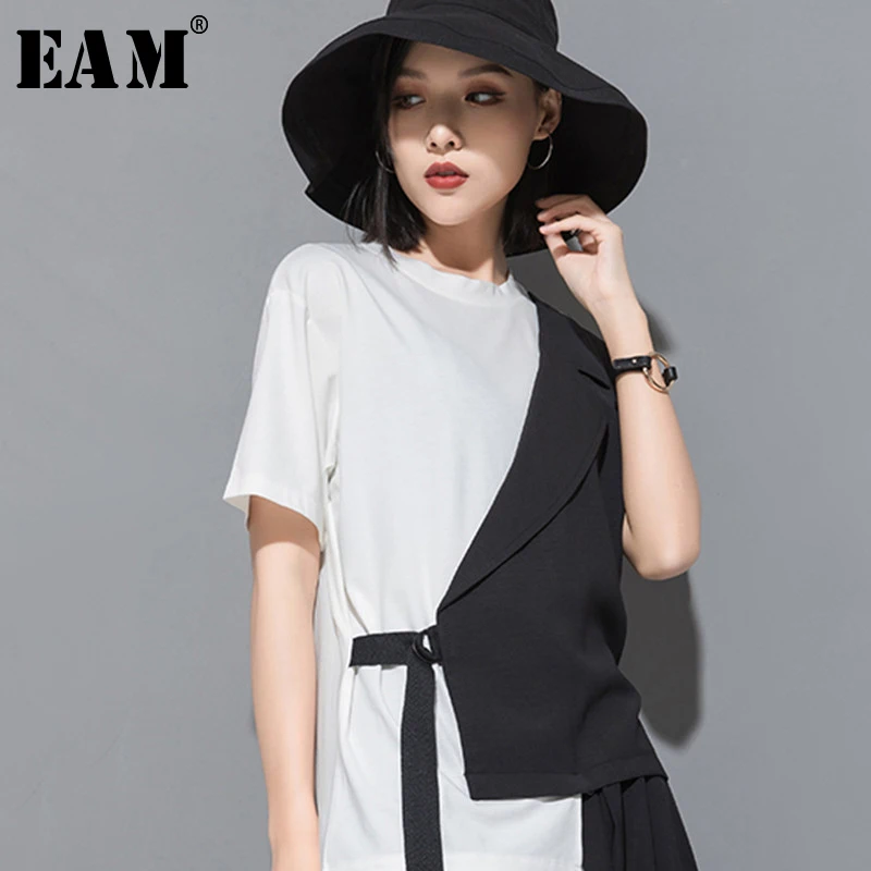 

[EAM] 2019 New Spring Summer Round Neck Short Sleeve Hit Color Split Joint Loose Bandage T-shirt Women Fashion Tide JT614