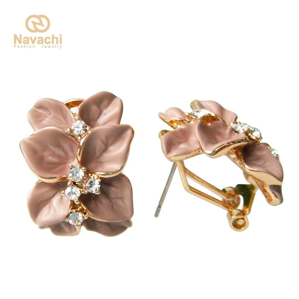 Серьги-клипсы Navachi с коричневой эмалью и цветочными листьями из страз SMT2072