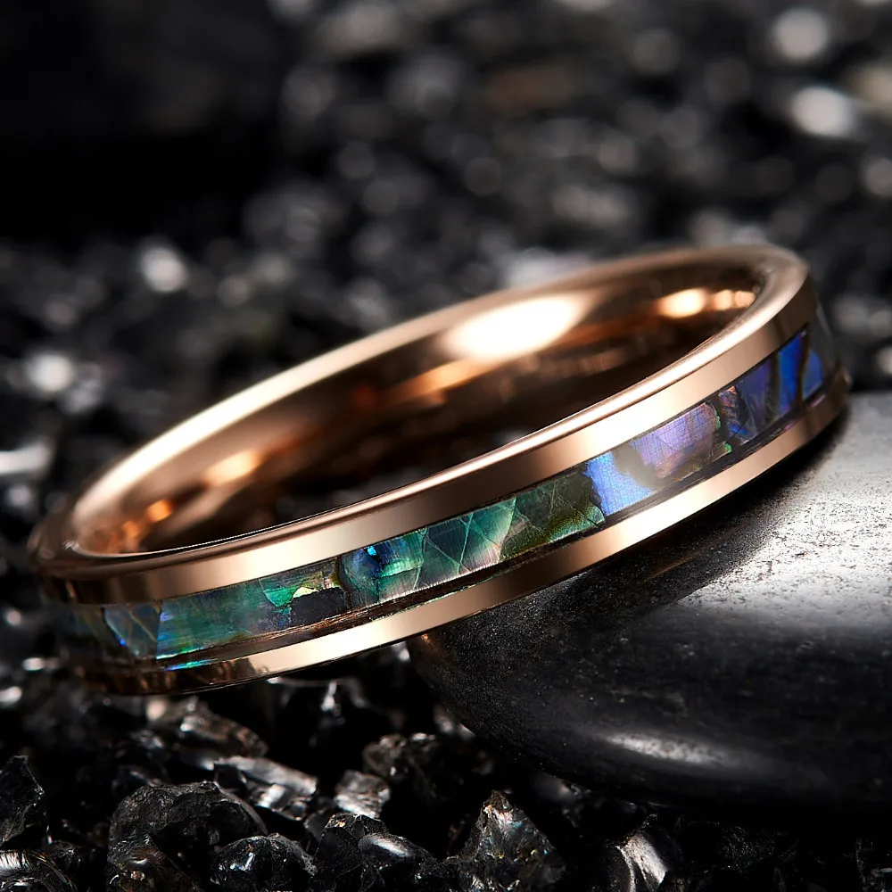 New Chic Desgin Wedding Band Fashion Men's Rings 4MM Wide Rose Gold Inlaid Abalone Shell Tungsten Steel Ring