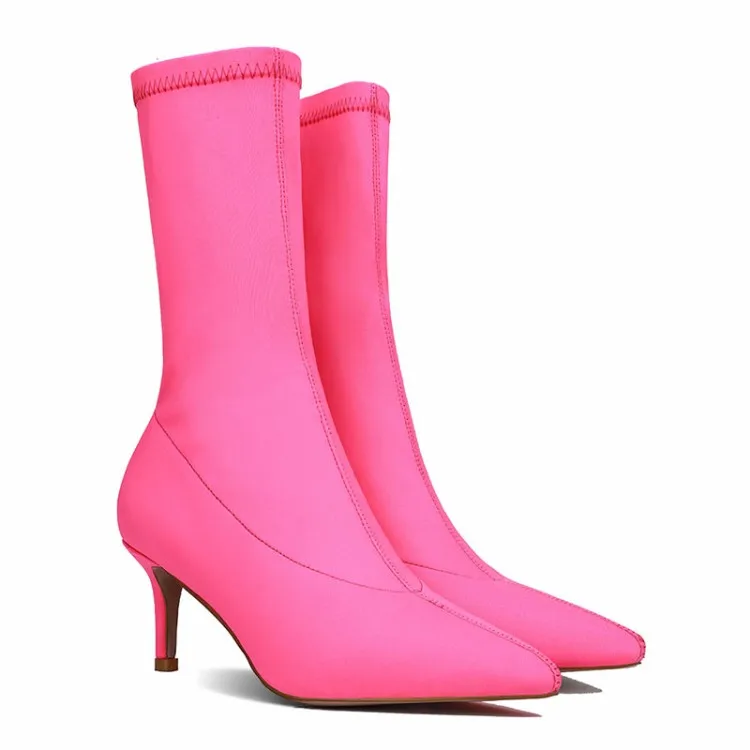 

US4-11 Womens Pointed Toe Socks Tube Stretchy Mid Calf Boots High Stilettos Heel Sexy Pull On Shoes Slim Sexy 6Colors Plus Size