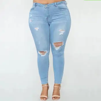 

PLUS SIZE ripped hole Jeans Women High Waist Skinny Pencil Denim Pants women Stretch elastic waist washed Jeans women 6XL 7XL