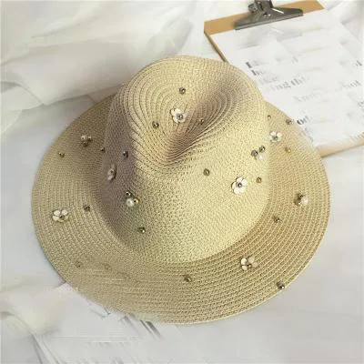 Новая мода заклепки блестки жемчужные украшения солнечные шляпы для женщин летние шапки соломенная шляпа 6 цветов - Цвет: beige