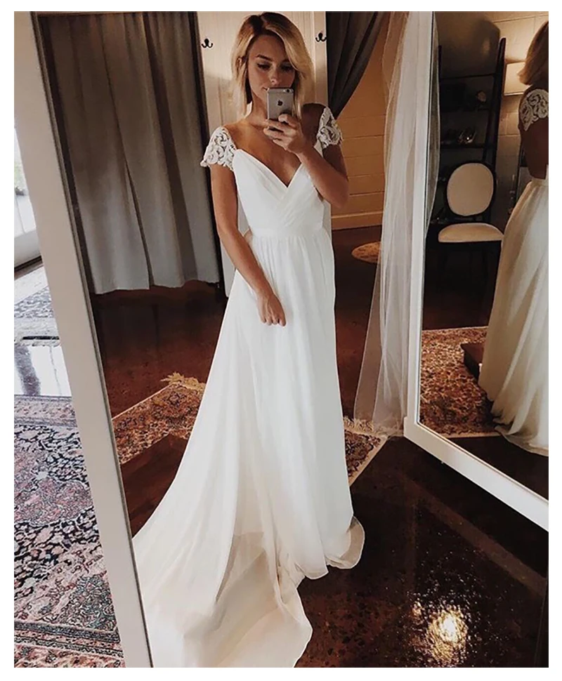 

Cap Sleeves Wedding Dress 2019 V Neck Chiffon Appliques Backless Beach Bridal Dress Cheap High quality Wedding Gowns