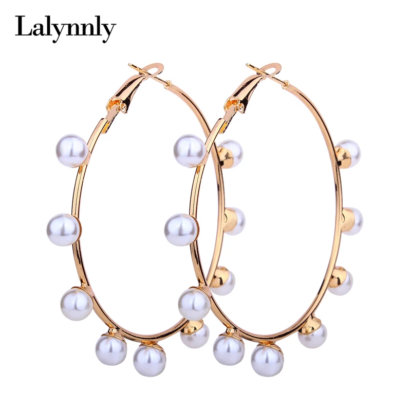 

Lalynnly 2018 Big Circle Imitation Pearl Earring Gold Metal Round Earrings For Women Wedding Gifts Circle Earrings New E18641