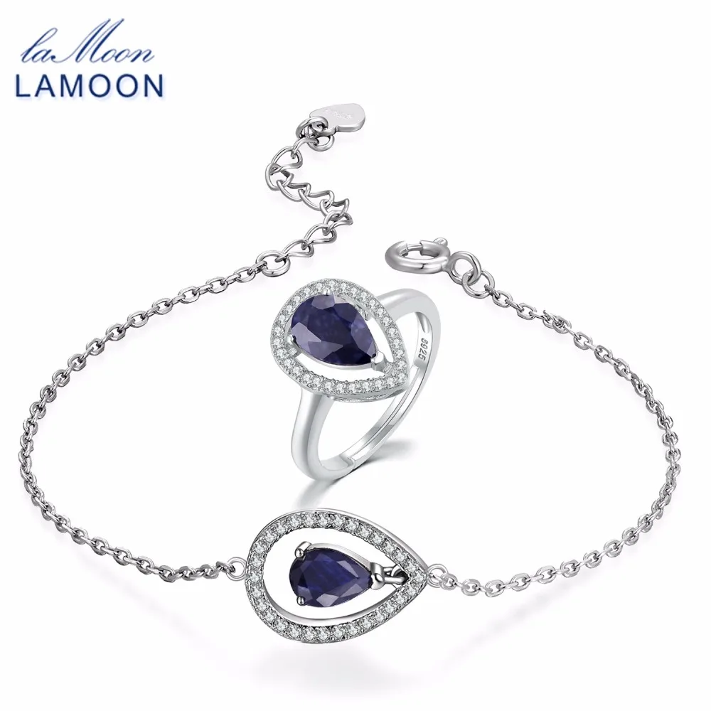 

LAMOON 2017 New 100% Real 925-Sterling-Silver 2PCS Jewellery Sets Natural Sapphire Gemstones S925 Fine Jewelry For Women V040-9