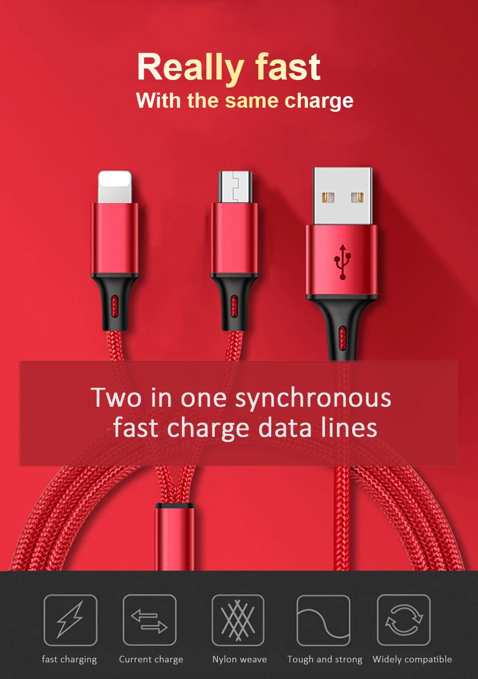 NOHON 2 IN 1 Fast Micro USB Type-C Lighting Nylon Charging Cable For Iphone Samsung Galaxy Universal Phone Quick Charger Cables (1)