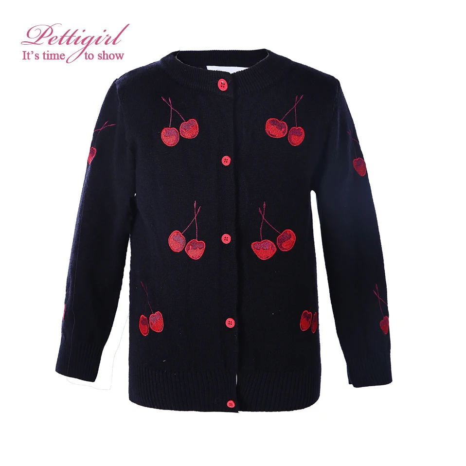 Pettigirl/новейшие черные вязаные кардиганы для девочек, Повседневные свитера с вышивкой вишни, Детский костюм на осень и зиму 1106
