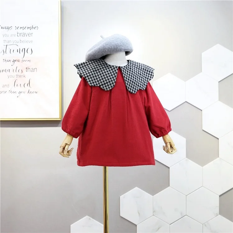 

Children clothing baby kids Girls Dress autumn winter sweet plaid lotus leaf collar plus velvet long-sleeve dress Girls Clothes
