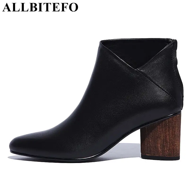 

ALLBITEFO new arrive genuine leather pointed toe medium heel women boots thick heel hiagh quality winter boots girls boots