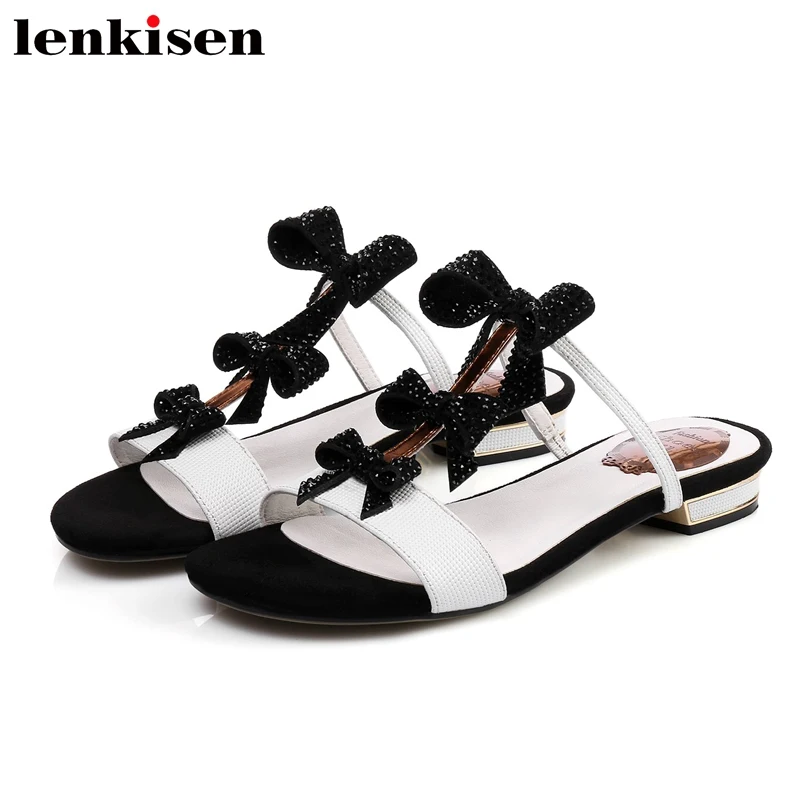 

Lenkisen new genuine leather slip on outside slippers butterfly-knot mules metal decoration streetwear fashion women shoes l6f1