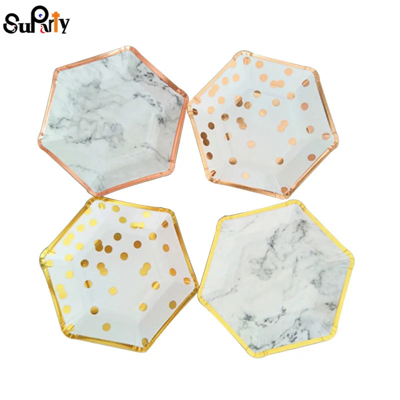 

32pcs Foil Gold Paper Plates Modern Marble/Dot with Metallic Rose Sweet Dishes for Wedding Hen Party Christmas Birthday Decor