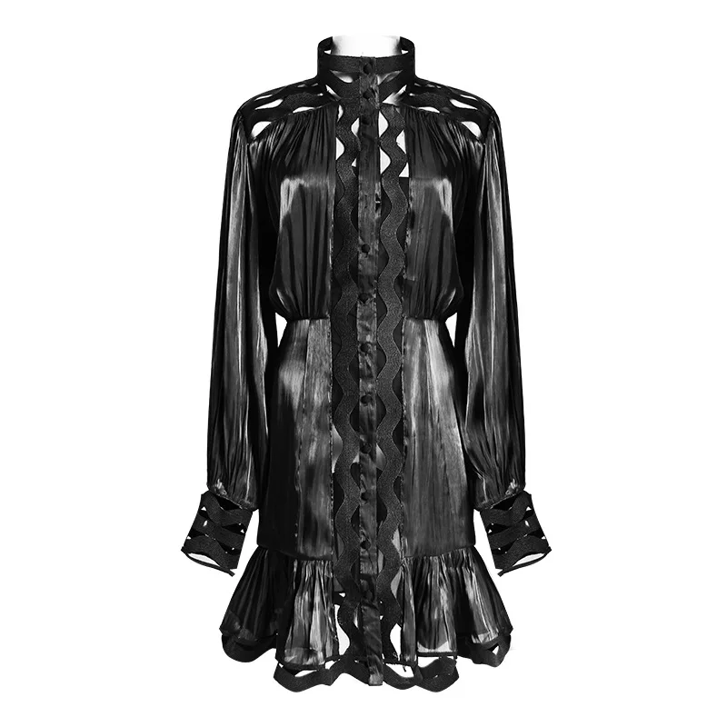 

7Mang 2019 Spring Women High Street White Hollow Out Dress Long Sleeve Elegant Loose Black Shirts Dresses Stand Neck Dress 0113