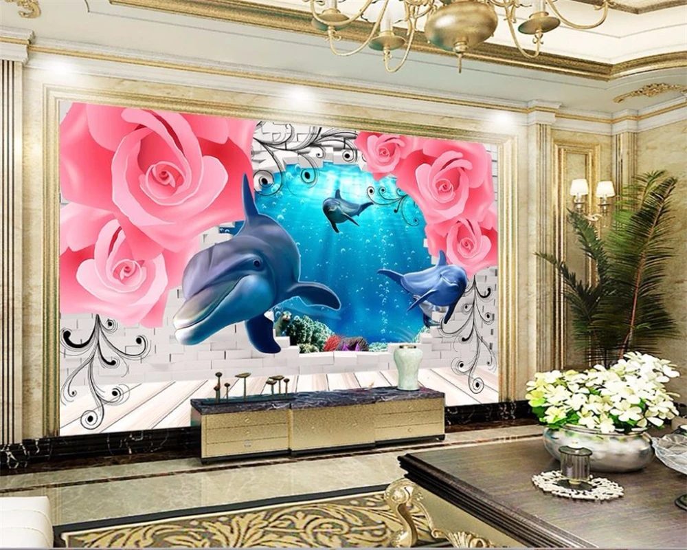 

modern Roses dolphins Brick wall Custom 3D Mural Wallpaper Children's room TV Backdrop Bedroom Wall papers Home Decor beibehang