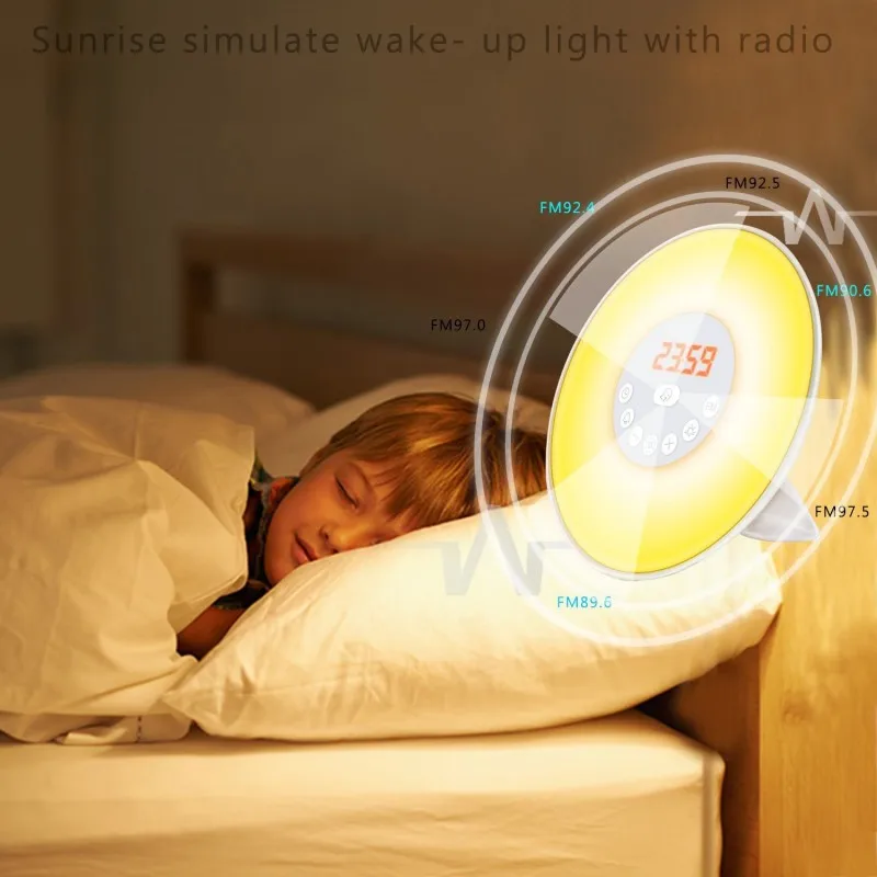 

FENGLAIYI Touch Sensor RGB LED Sunrise And Sunset Wake Up Digital Clock Snooze Alarm Clock Night Light FM Radio Kids Gift Lamp
