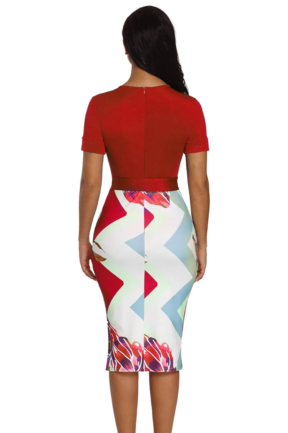 Red-Bowknot-Short-Sleeve-Printed-Sheath-Dress-LC610096-3-3
