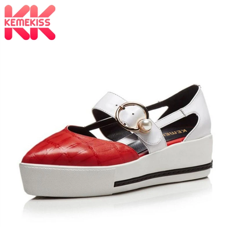 

KemeKiss Fashion Women's Genuine Leather Wegdes Sandals Metal Buckle Thick Bottom Sandals Mule Women Summer Shoes Size 34-40