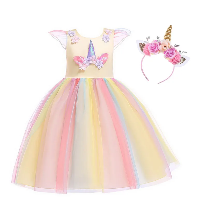 Платья-пачки для девочек с единорогом и радужными цветами, ободок с рогом, обруч для волос, комплект для детей, вечерние платья для костюмированной вечеринки - Цвет: style-E