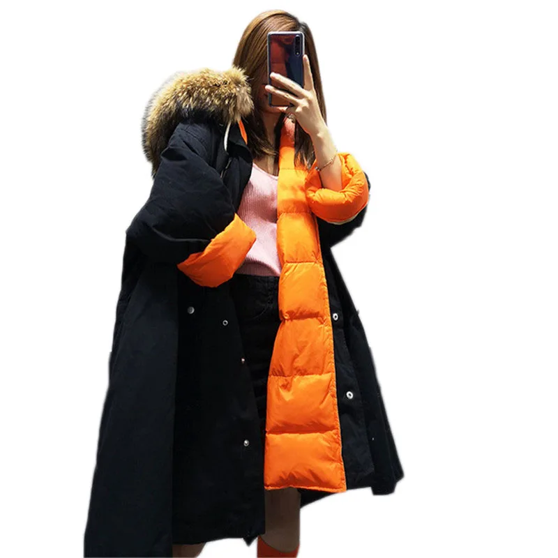 

Loose Parka Women 2019 New Autumn Winter Raccoon Fur Hooded Down Jacket Autumn Two Wear Trench Coat Long Duck Down Jacket NS793